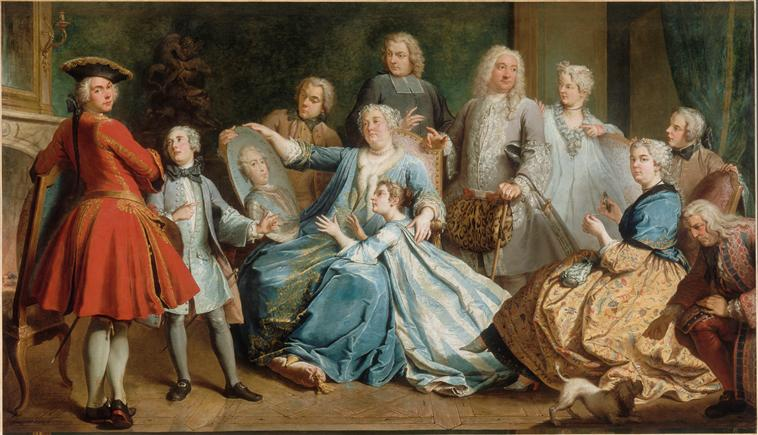 Marie-Madeleine Bocquet entourée de sa famille - Elle tient dans ses mains le portrait de Louis XV qu'elle a nourri - Louis Vigor Mercier frère de lait de Louis XV est le personnage à gauche vêtu de rouge - par Jacques Dumont (1701-1781) - Musée du Louvre Département Des Peintures
